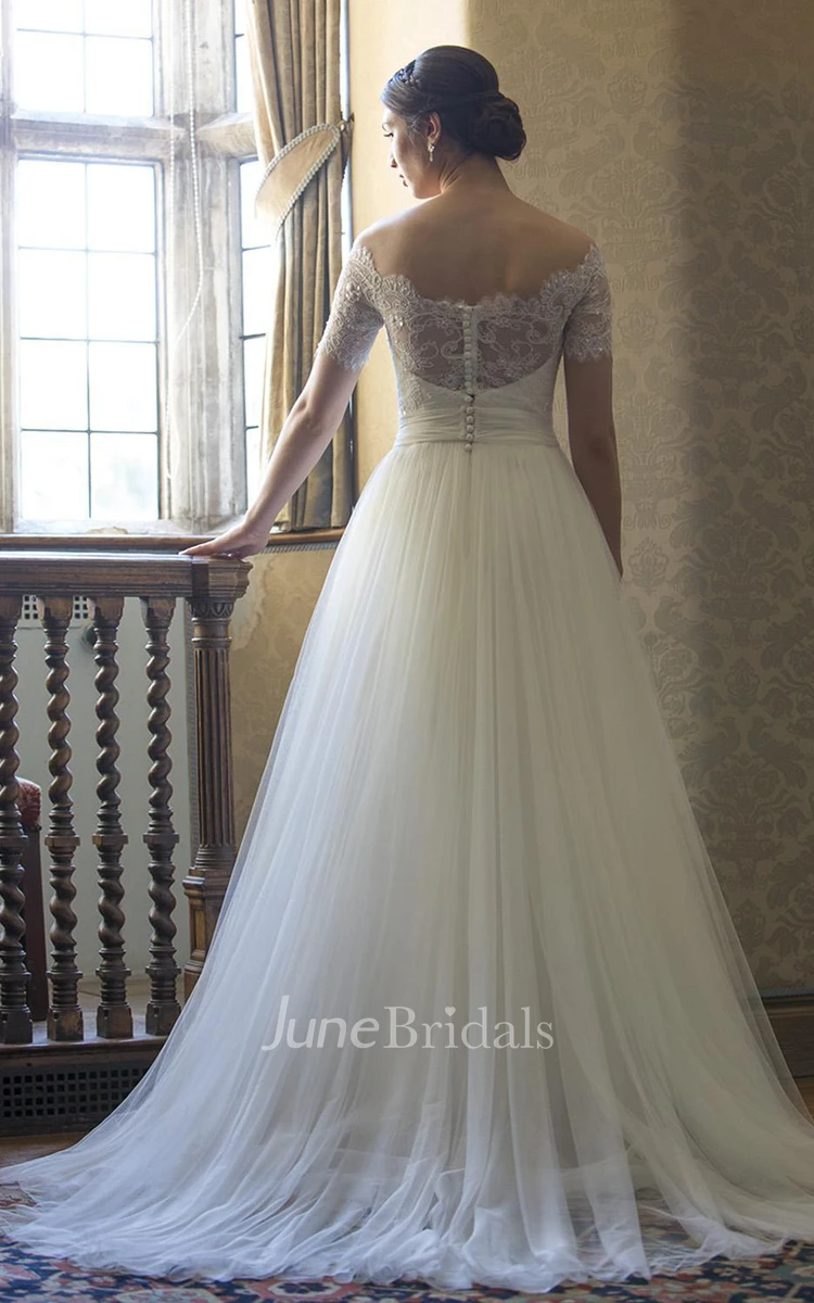 A-Line Beaded Short-Sleeve Bateau-Neck Lace&Tulle Wedding Dress With Illusion