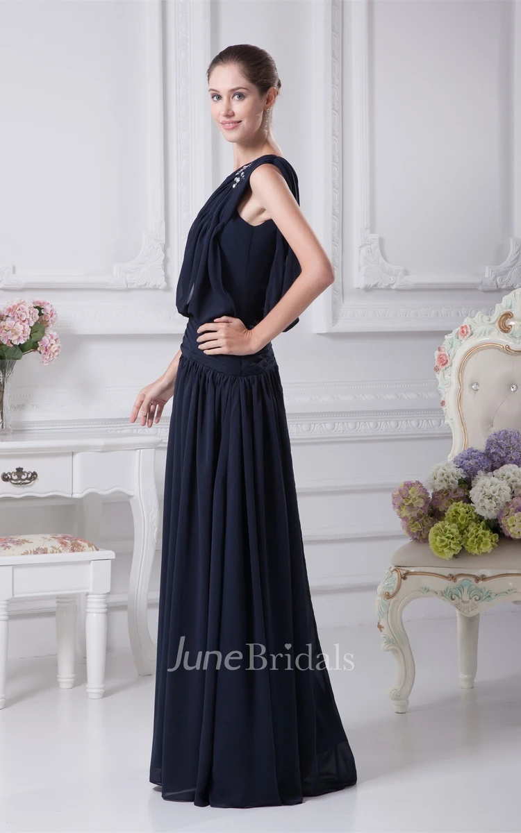 One-Shoulder Chiffon Pleated Gown with Beading and Corset Back