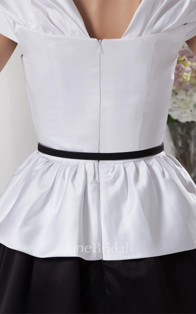 Black-And-White Caped-Sleeve High-Low Dress with Appliques