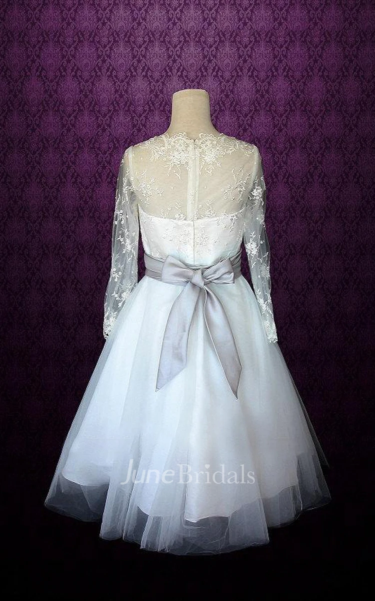 Queen Anne Illusion Sleeve Tulle Wedding Dress With Sash And Illusion Back