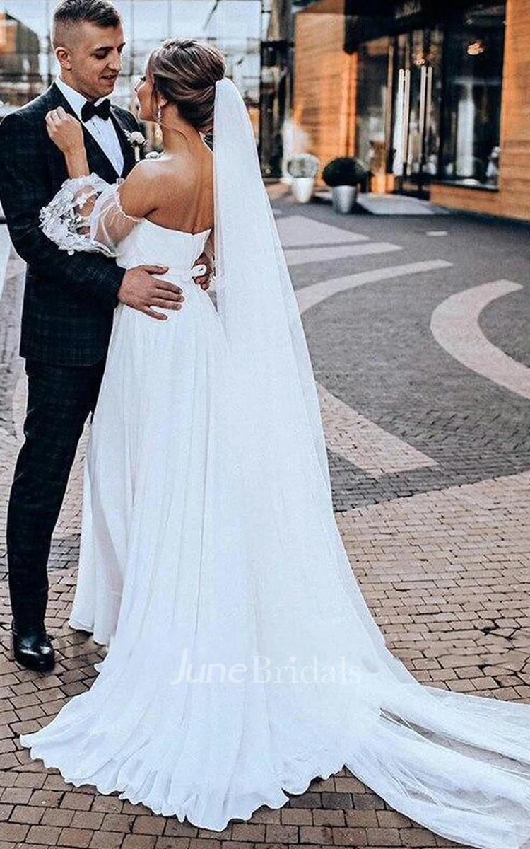 Bohemian A Line Chiffon Tulle Off-the-shoulder 3/4 Length Sleeve Wedding Dress With Criss Cross