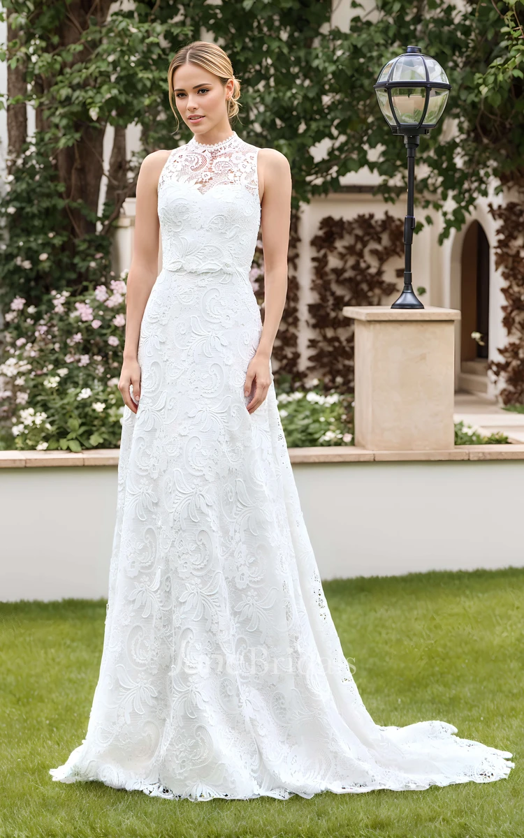 Summer Bohemian A-Line High Neck Lace Appliques Wedding Dress Floral Boho Beach Garden Sleeveless Bridal Gown