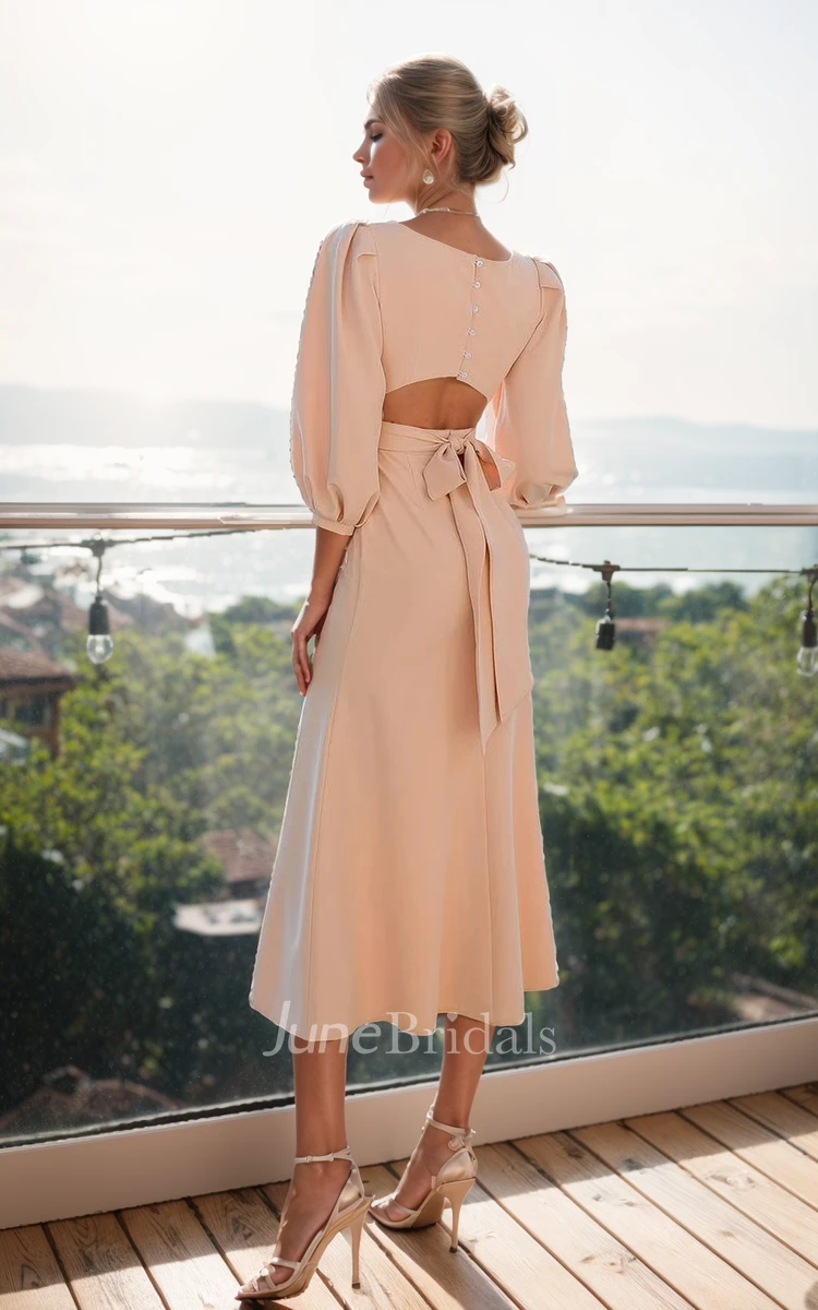 Vintage Modest Solid A-Line Jersey Wedding Dress Backless Bateau Neck Tea-length Long Sleeve Bridal Gown with Button Back Sash