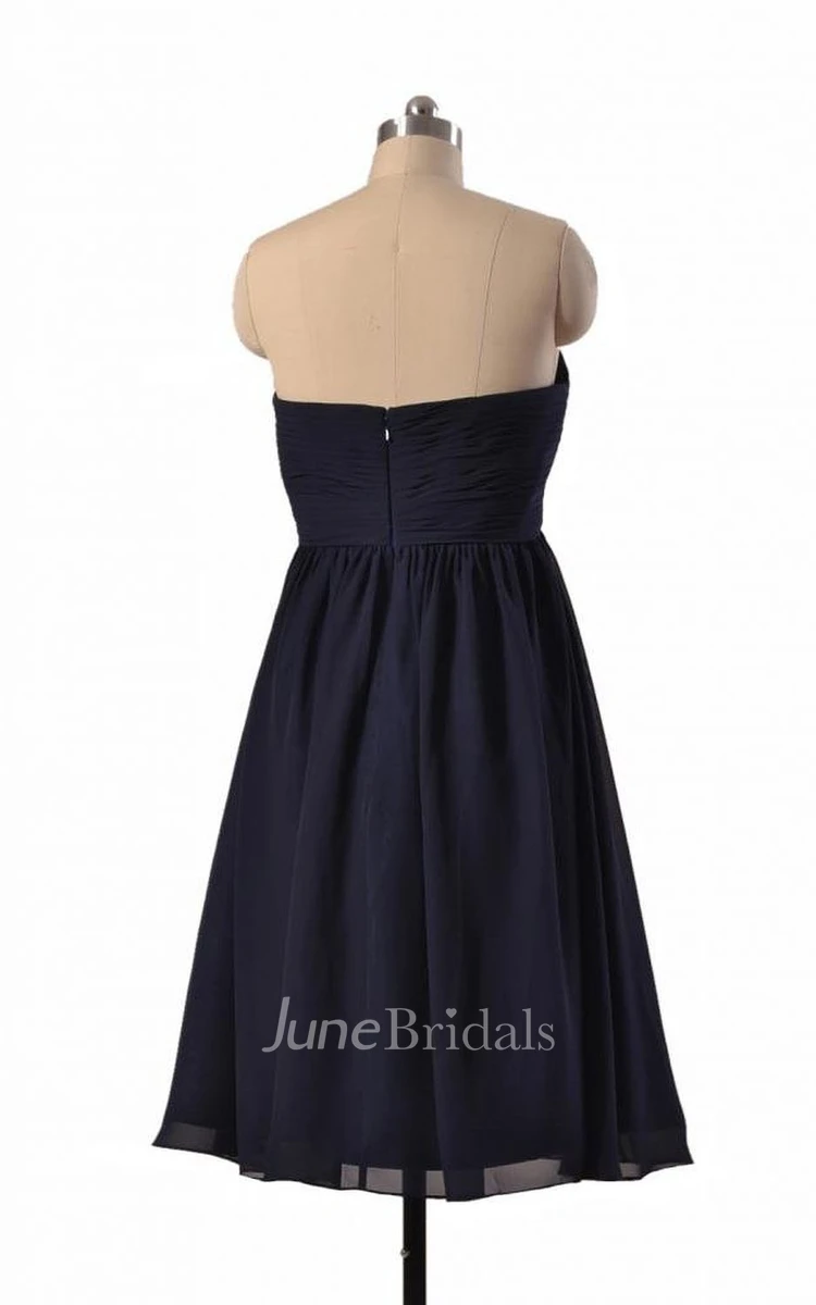 Strapless Asymmetrical Ruched Bodice Knee-length Pleated Chiffon Dress