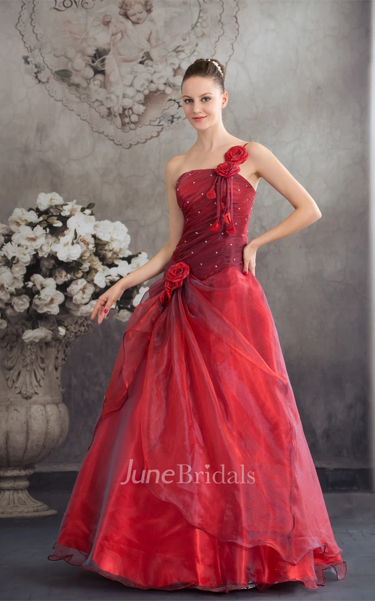 Single-Strap Sleeveless Ruched Ball Gown with Flower and Stress