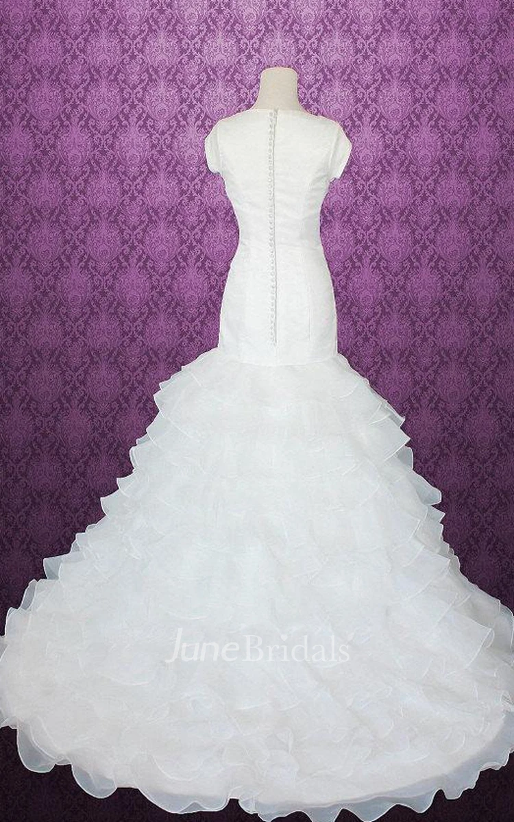 Queen Anne Cap Button Back Mermaid Satin Wedding Dress With Tiers And Ruffles