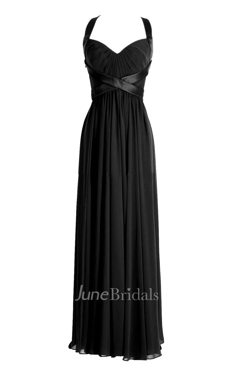 Halter Long Chiffon Gown With Criss-cross Style