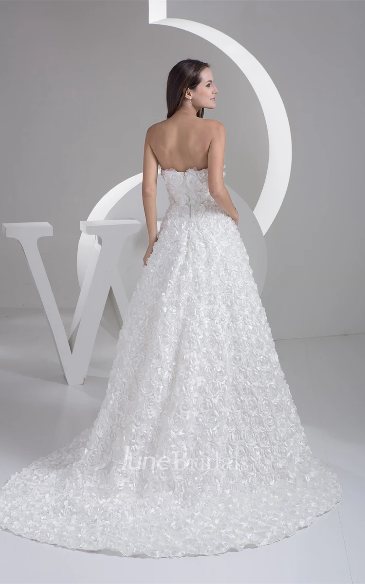 Floral Sweetheart A-Line Gown with Ruffles and Brush Train