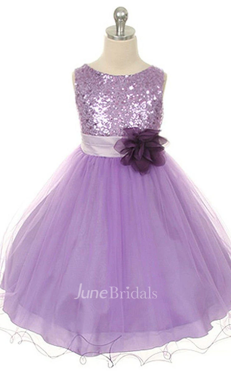Sleeveless A-line Dress With Sequined Bodice and Flower