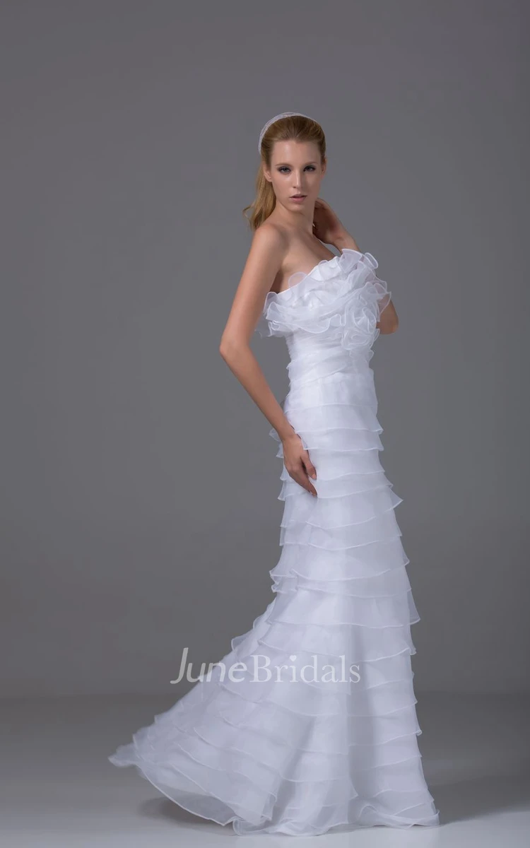 Strapless Organza Tiered Floor-Length Dress With Flower