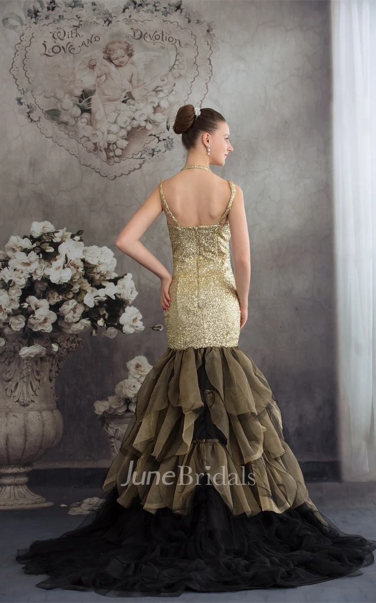 Plunged Tiered Trumpet Gown with Tiers and Sequined Bodice