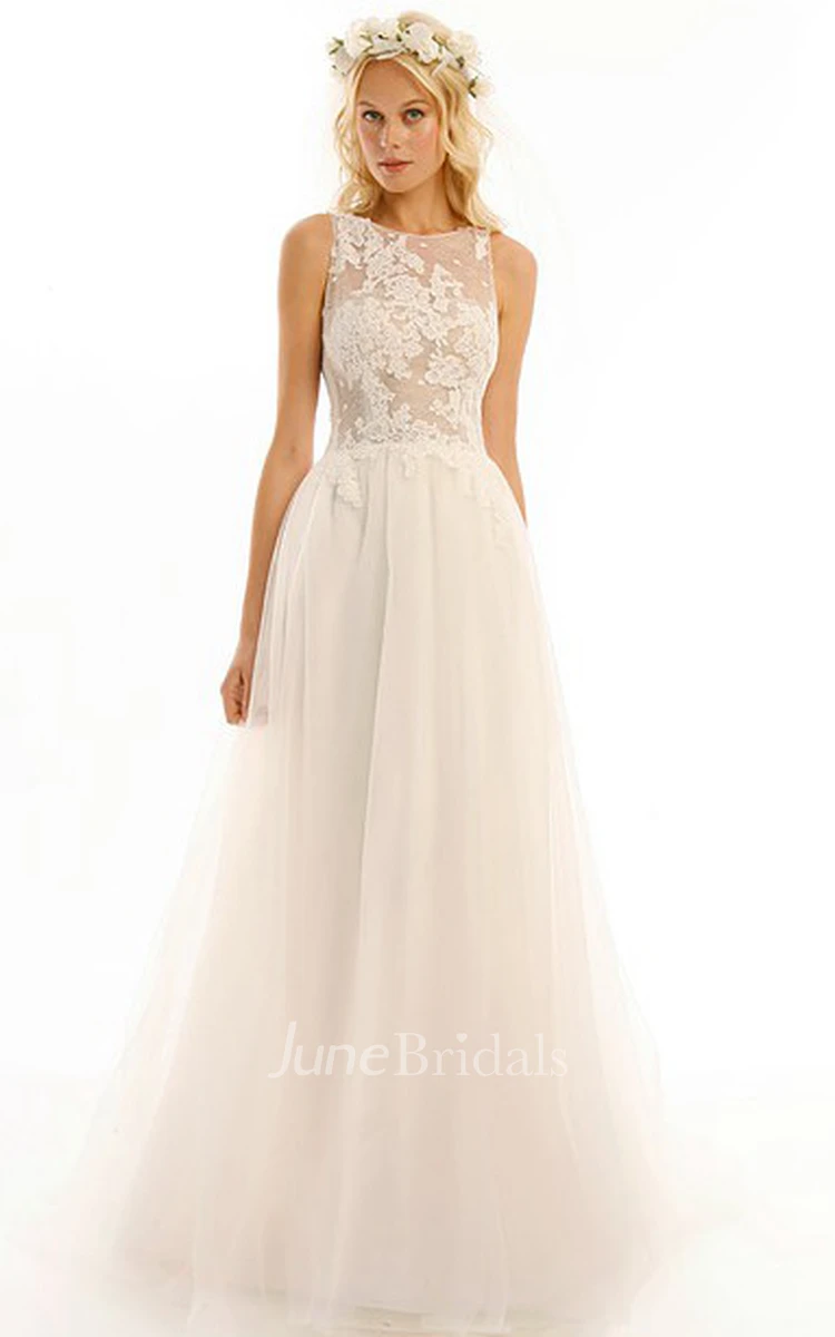 Jewel Floor-Length Appliqued Tulle Wedding Dress With Brush Train And Illusion