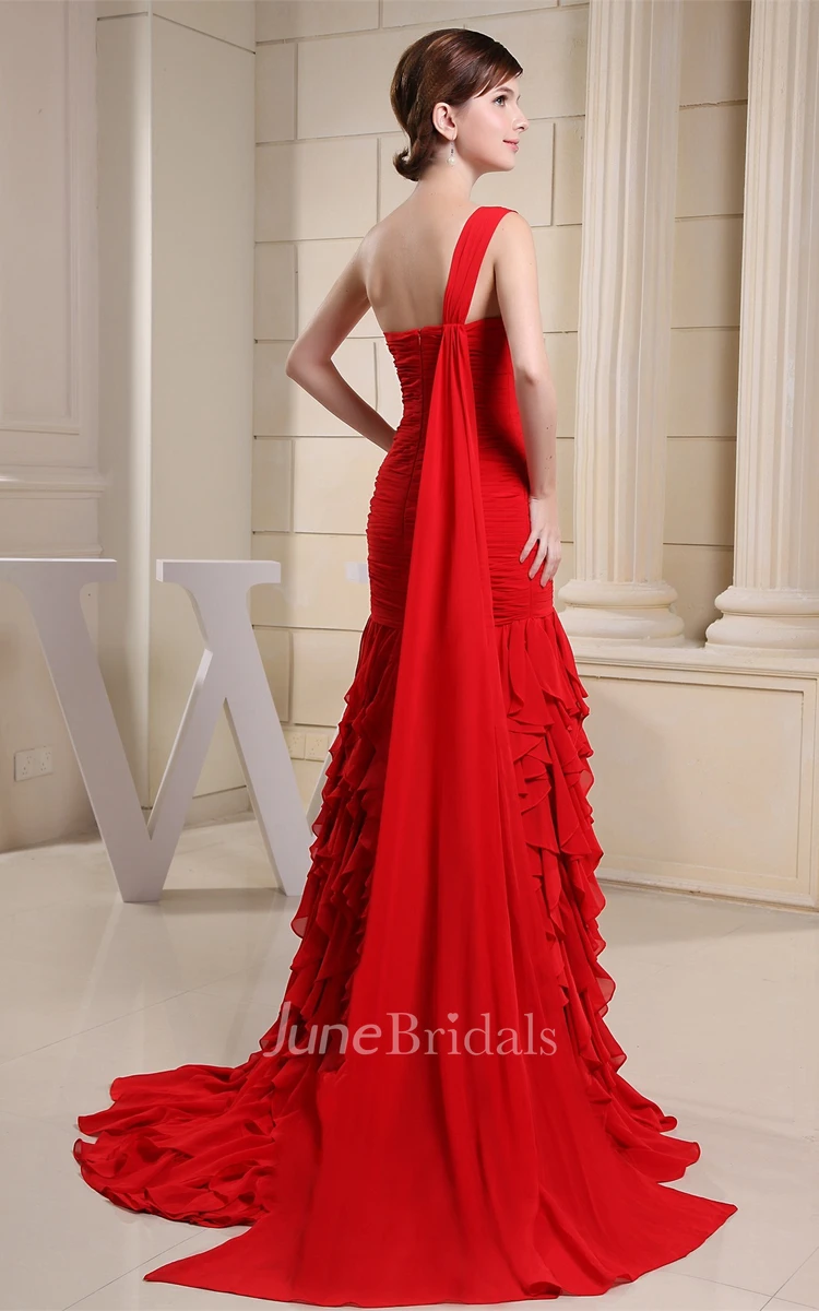 Sweetheart Ruched Chiffon Maxi Dress with Single Strap and Cascading Ruffles