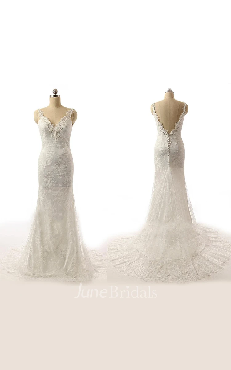V-Neck And Low V-Back Lace Wedding Dress With Appliques