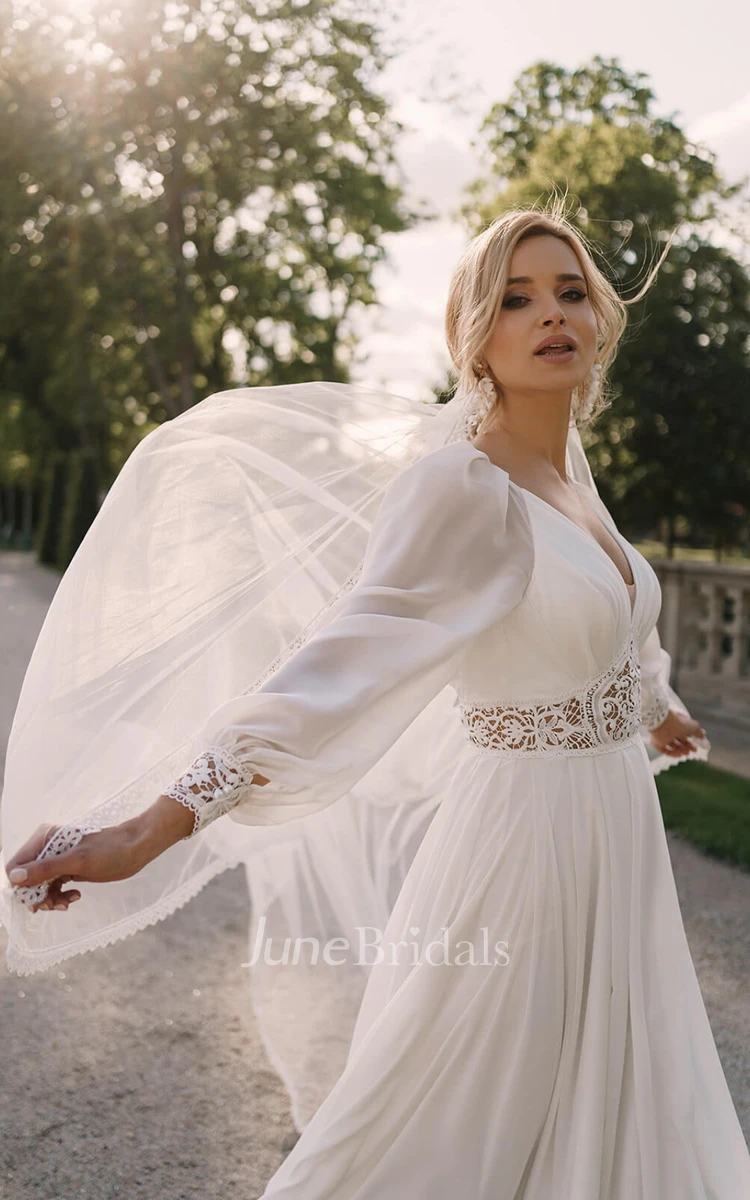 V-neck Lace A-Line Chiffon Wedding Dress With Zipper And Low-V Back