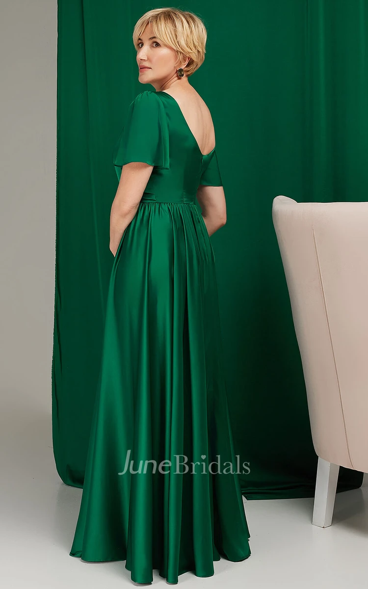 Casual A Line Short Sleeve Satin Bateau Low-V Back Floor-length Mother of the Bride Dress with Split Front