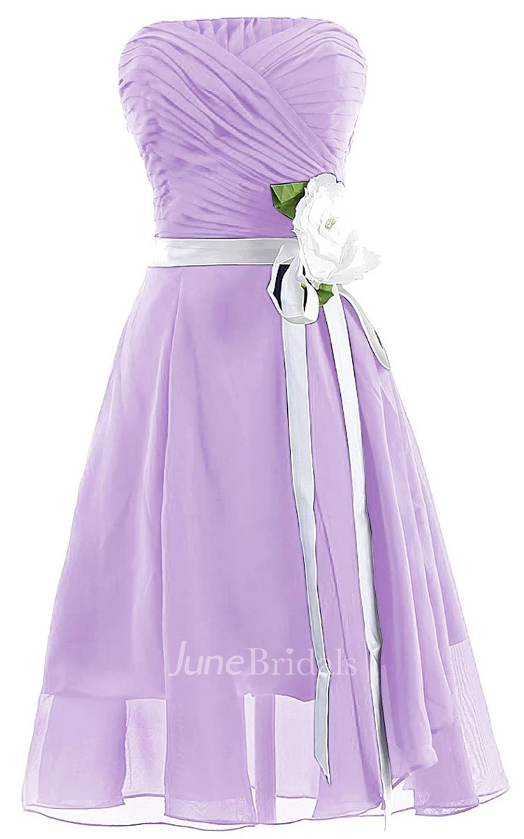 Strapless Ruched A-line Gown With Sash and Flower