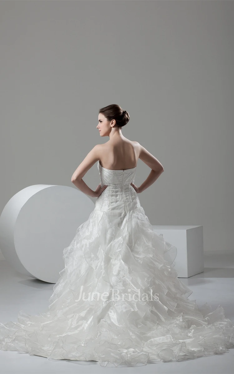 Strapless Beaded A-Line Gown with Ruffles and Chapel Train