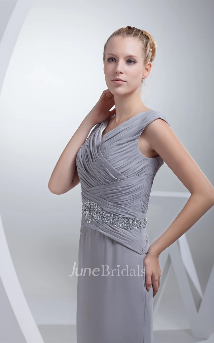 Sleeveless Criss-Cross Chiffon Floor-Length Dress with Jeweled Waist