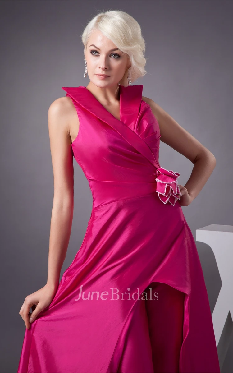 Sleeveless Floor-Length Satin Gown with Ruching and Flower