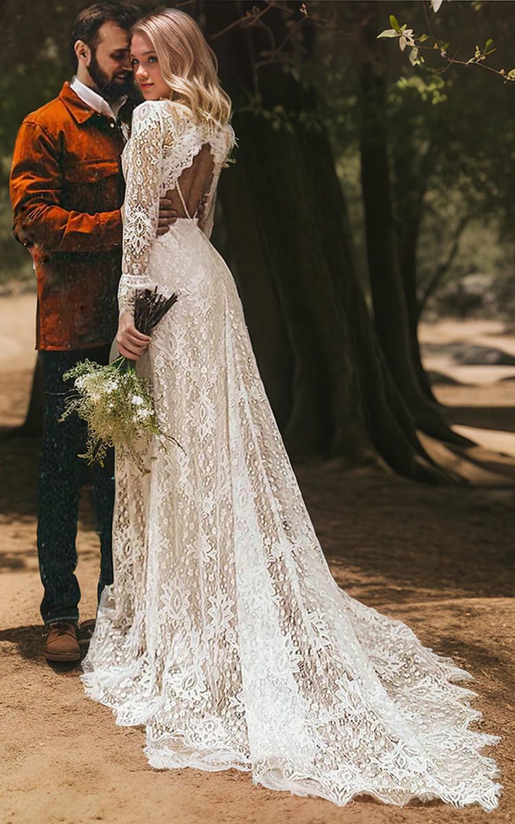 Boho Floral Lace Vintage Long Sleeve V-neck A-Line Wedding Dress with Keyhole Back