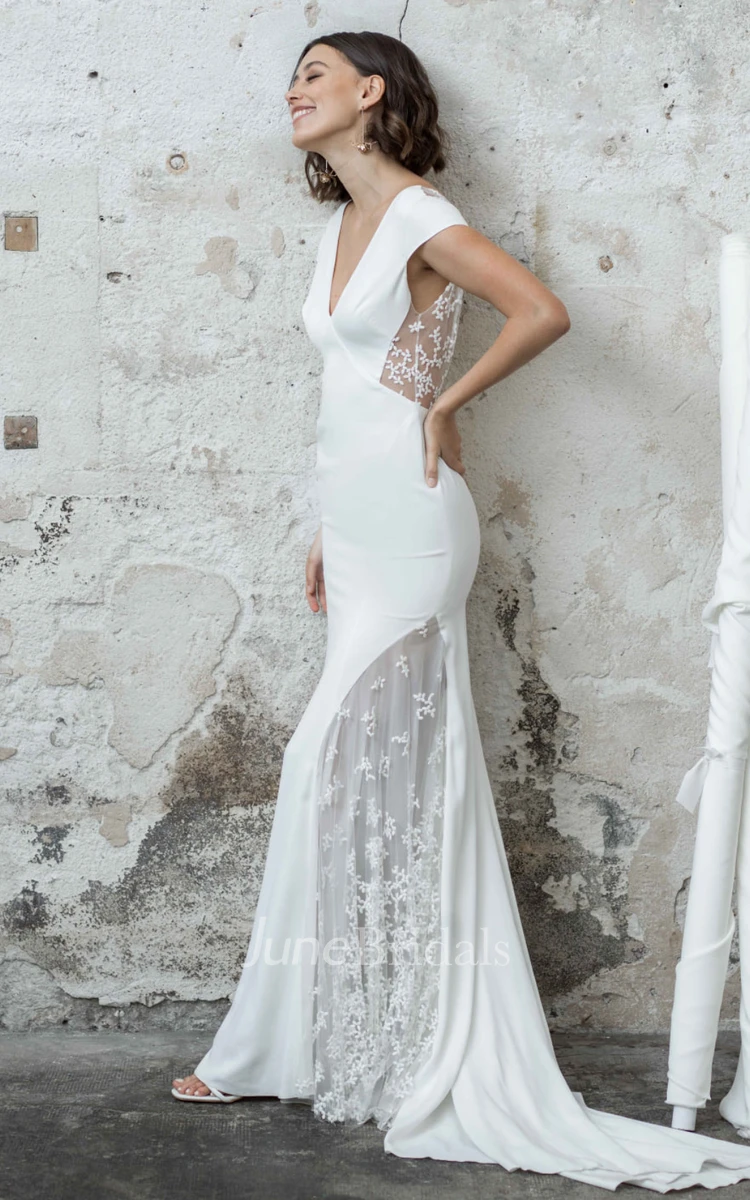 Mermaid V-neck Satin Country Wedding Dress With Illusion Back And Appliques