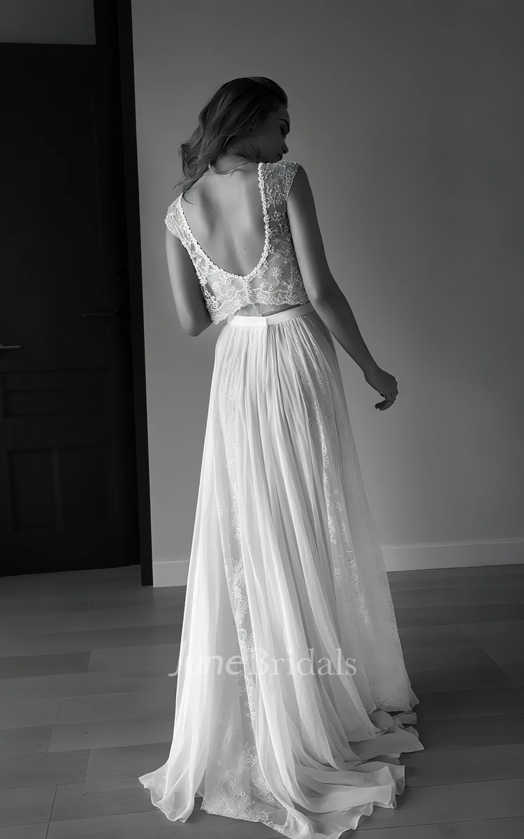 Two-Piece Elopement Boho Sleeveless Fall Autumn Wedding Dress Lace Beading Gown