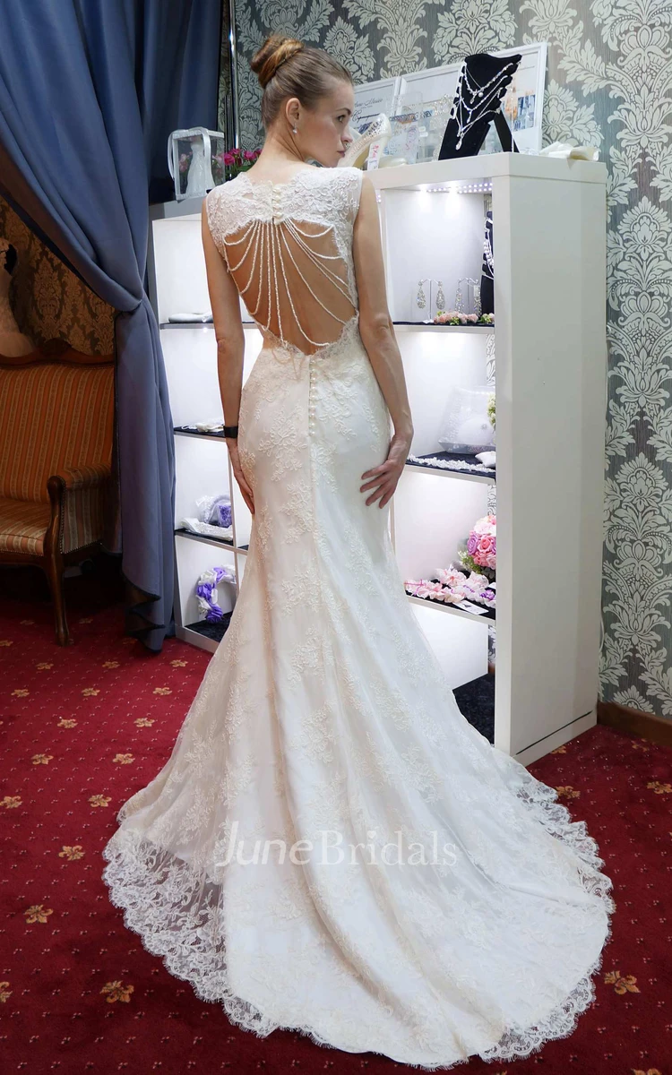 Sleeveless Lace A-Line Wedding Dress With Beaded Keyhole Back