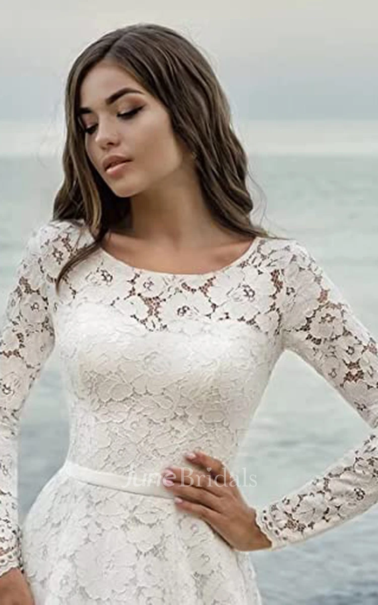 Lace A-Line Bateau Neckline Wedding Dress Adorable Simple Sexy Bohemian Romantic Garden With Open Back And Illusion Long Sleeves 