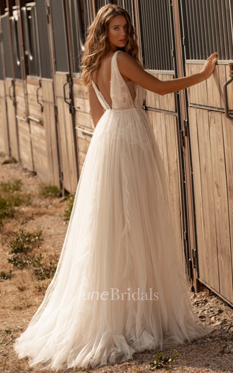 Romantic A-Line Plunging Neck Tulle Wedding Dress with Ruching