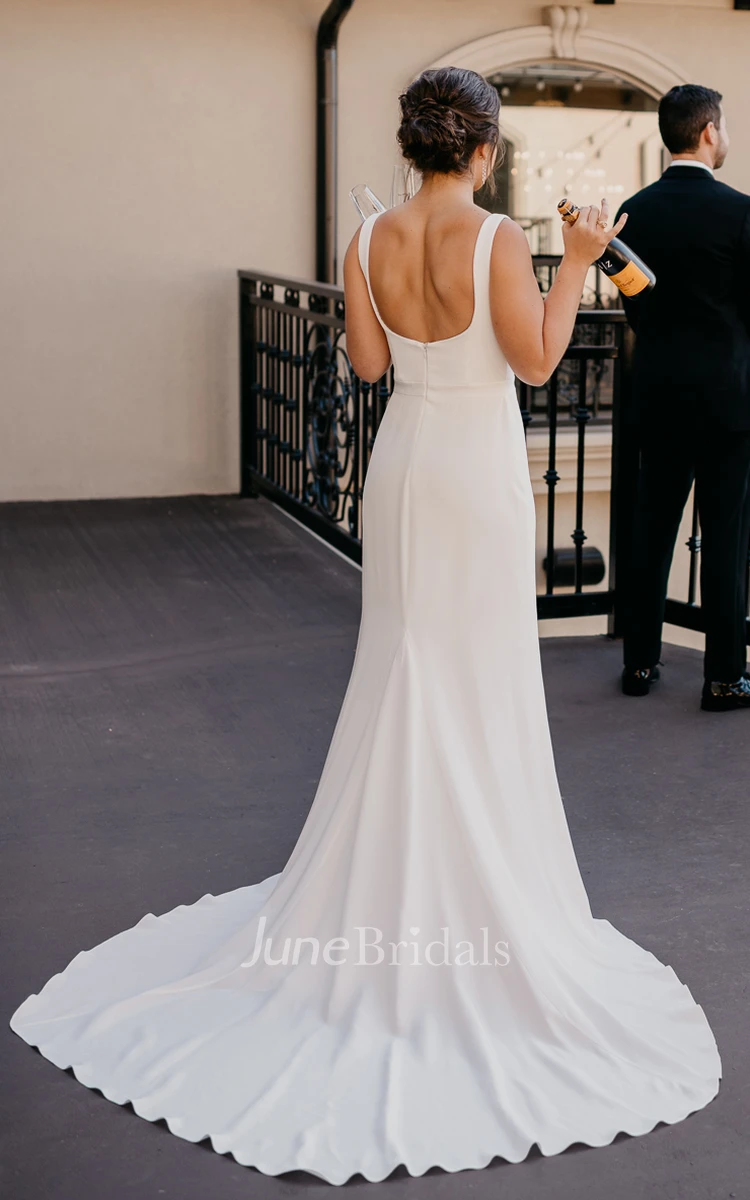 Modest Simple A-Line Satin Wedding Dress Elegant Minimalist Sleeveless Square Neckline Bridal Gown with Open Back and Sweep Train