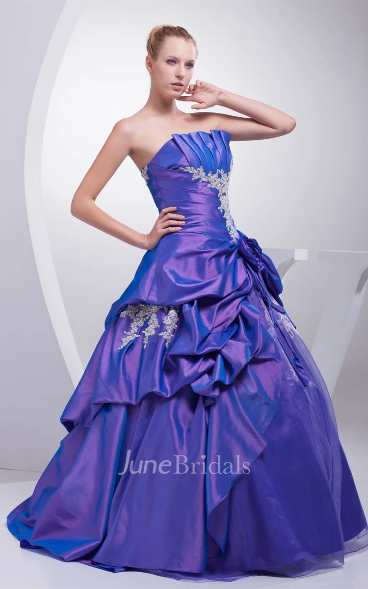 Strapless Pick-Up Ruched Ball Gown with Appliques