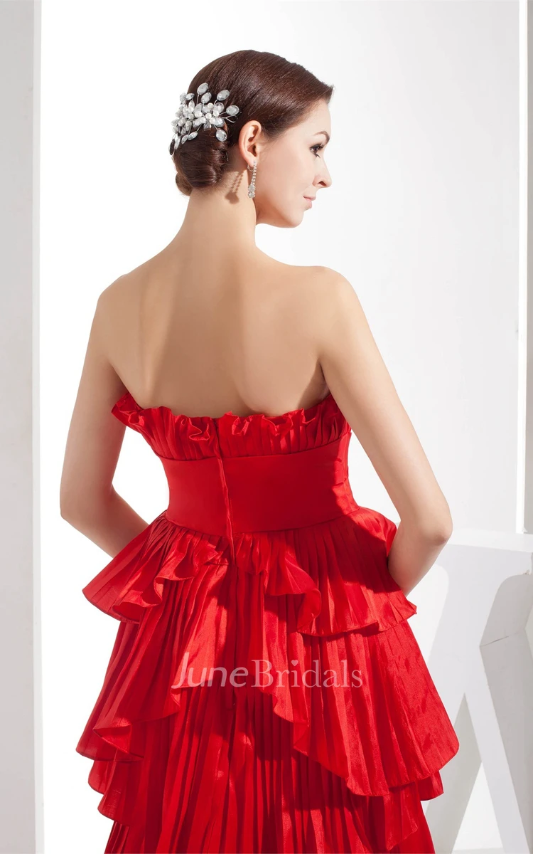 Flamboyant Strapless Tiered Dress with Pleats and Flower