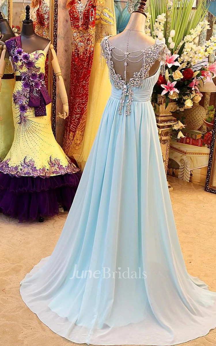 A-Line Backless Blue Evening Dresses V-Neck Crystal Beading Blingbling Prom Gowns