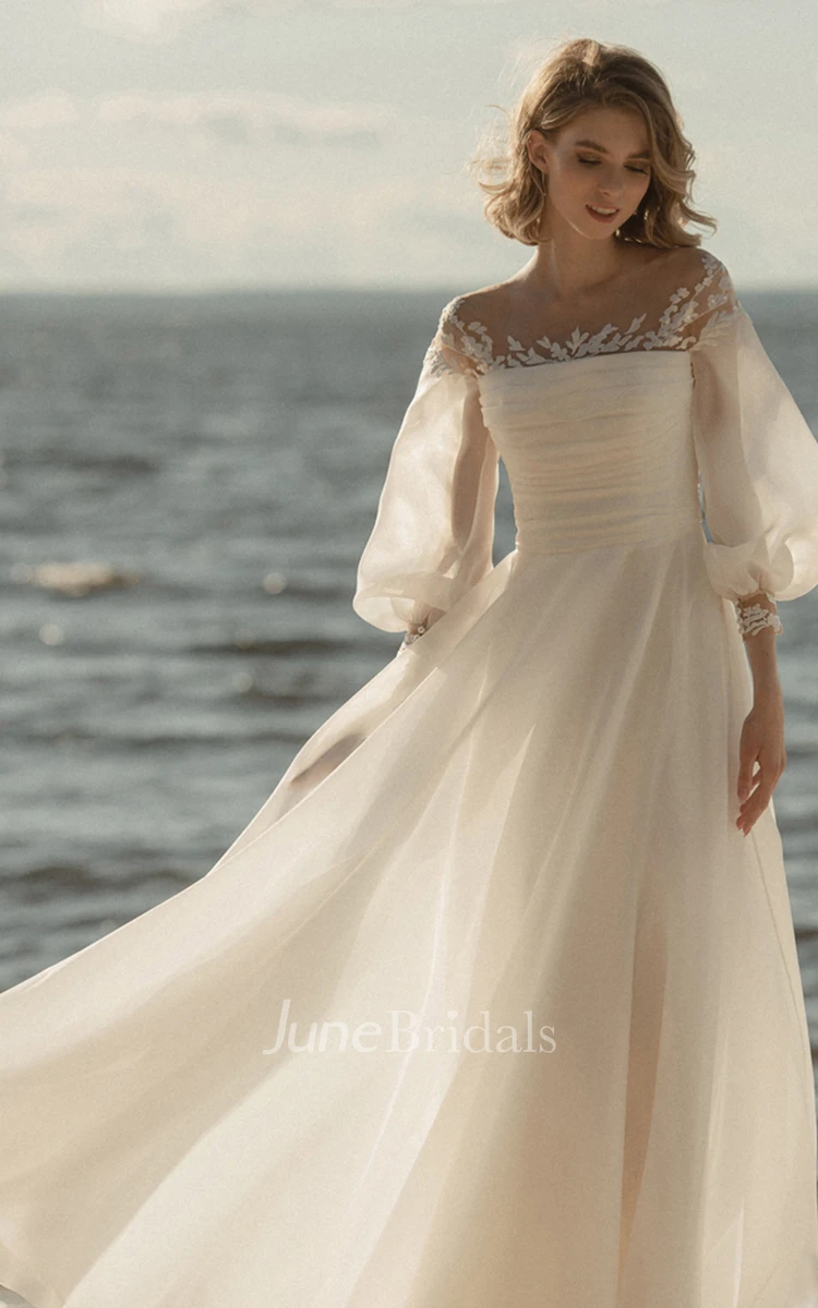 Elegant Simple Beach A-Line Lace Organza Floor Wedding Dress with Sheer Sleeve Vintage Classic Informal Bridal Gown with Zipper Low-V Back