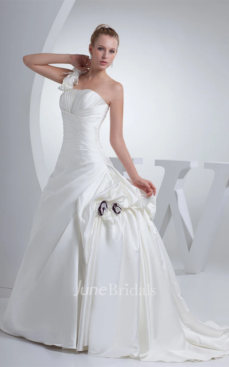 Flowered One-Shoulder Ruched Satin Dress with Side Draping and Ruffles