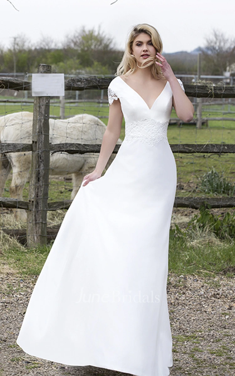 Plunging V-neck Satin Wedding Dress With Appliques And Floral Cap Sleeves