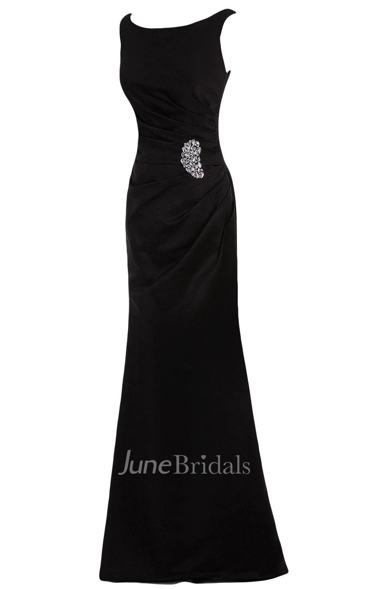 Cap-sleeved Bateau-neck Satin Gown With Beadings