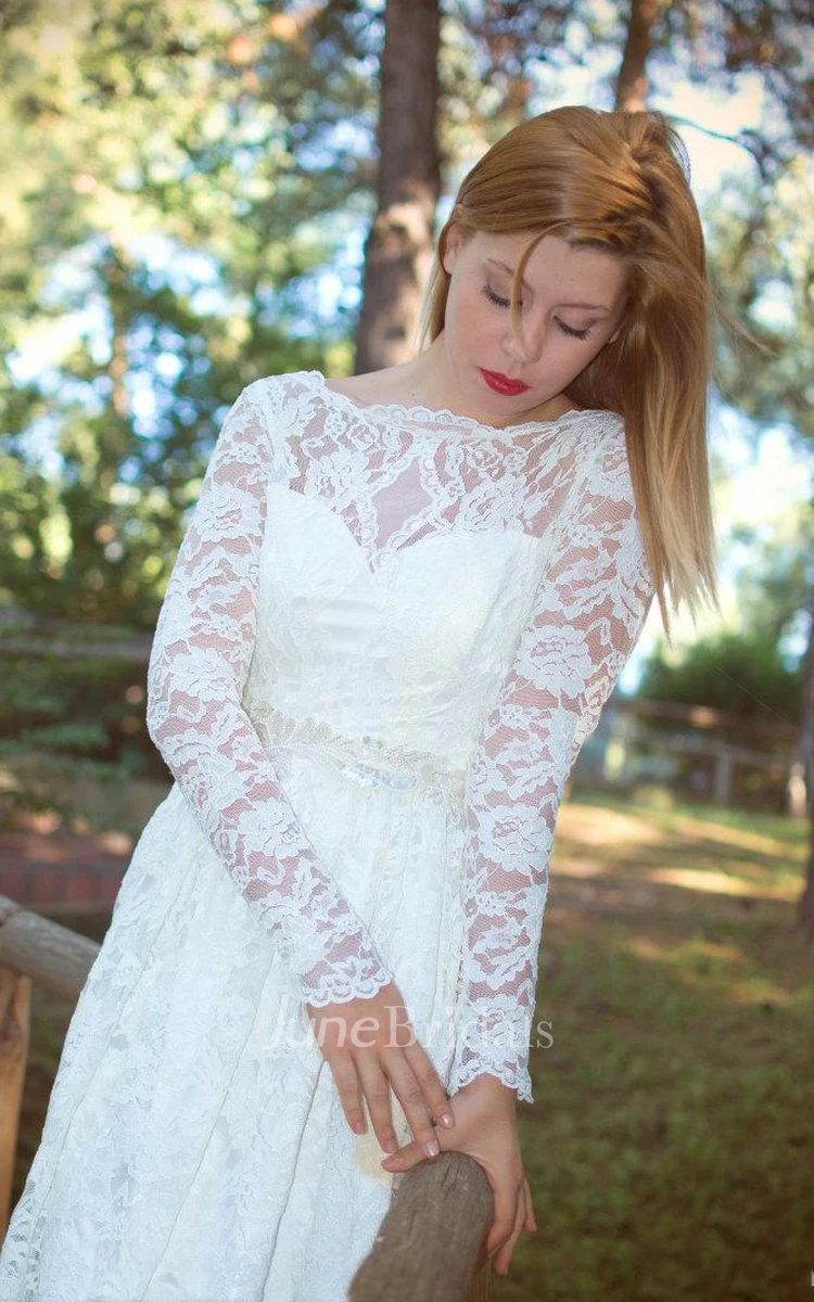 Bateau Illusion Sleeve Long Lace Wedding Dress With Sash And Low-V Back