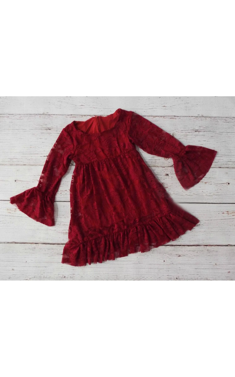 Long Sleeve Scoop Neck Pleated Lace Toddler Dress