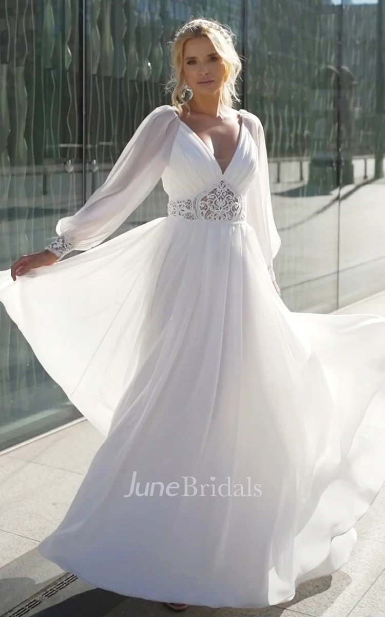 V-neck Lace A-Line Chiffon Wedding Dress With Zipper And Low-V Back