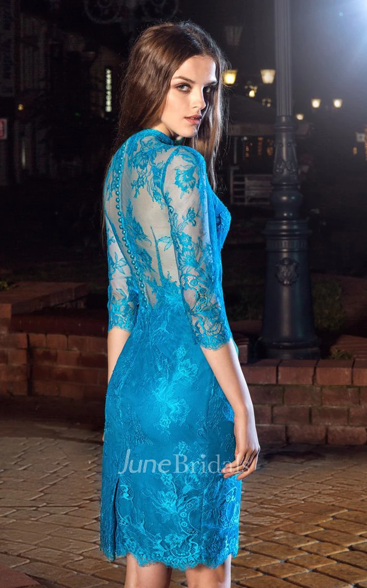 Pencil Knee-Length High Neck Half Sleeve Lace Illusion Dress With Appliques And Split Back