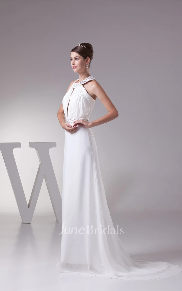 Sleeveless Ruched Sheath Dress with Collar and Beaded Waist