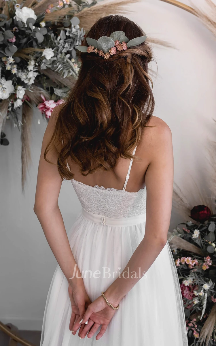 Spaghetti V-neck A-line Casual Ethereal Sexy Lace Tulle Bridal Gown With Court Train