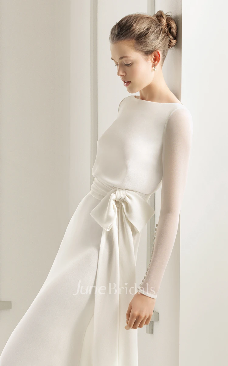 Simple Modest Chiffon Long Sleeve Wedding Dress With Decoratived Buttons and Bow