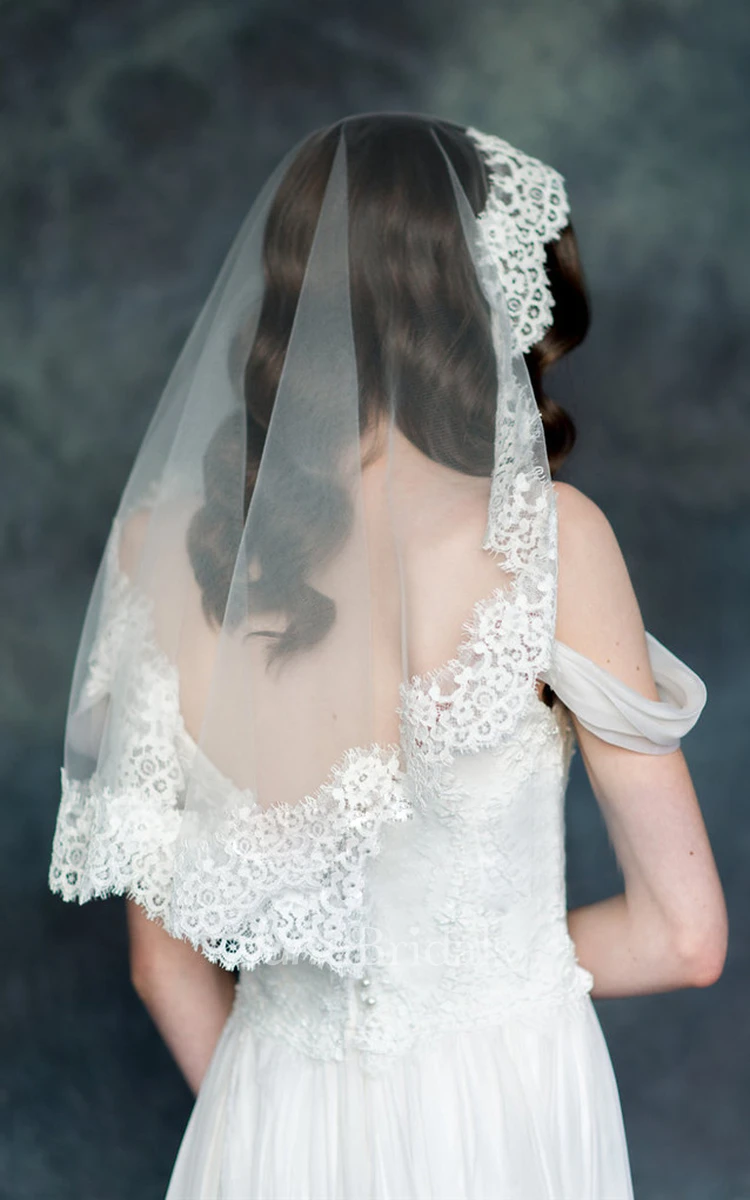 Short Cute Wedding Veil with Lace Appliques