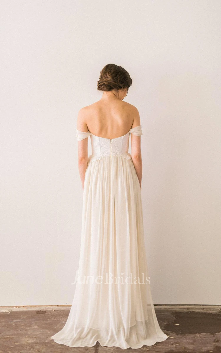 Romantic Off the Shoulder Ivory Chiffon Wedding Dress With Lace Bodice