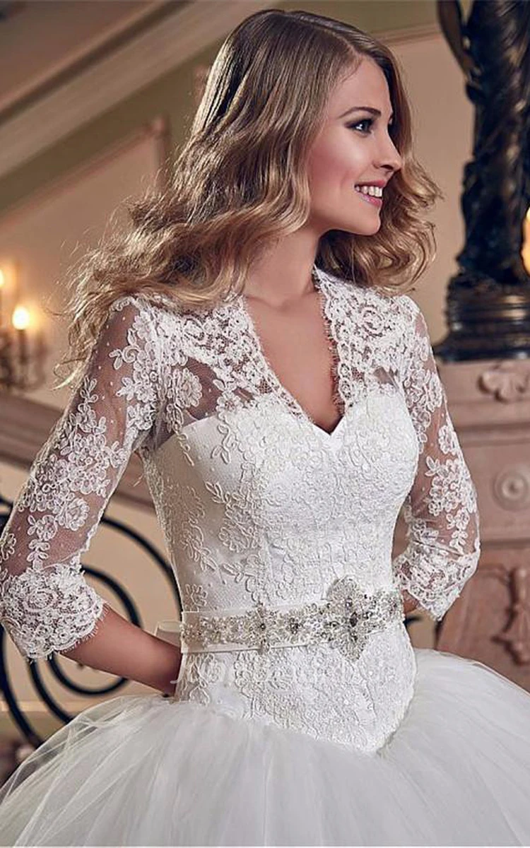 Elegant Tulle Lace Appliques Wedding Dress Ball Gown 3 4-Length Sleeve