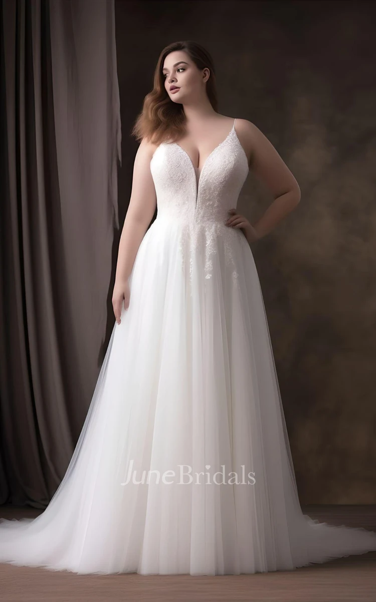2024 Plus Size A-Line Tulle Sleeveless Wedding Dress Simple Sexy Bohemian Elegant Plunging Neckline Country Garden
