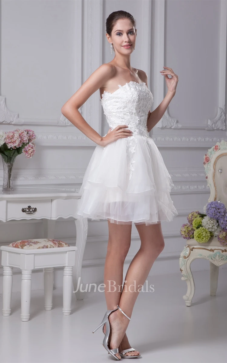 Strapless Short A-Line Dress with Appliques and Tulle Overlay